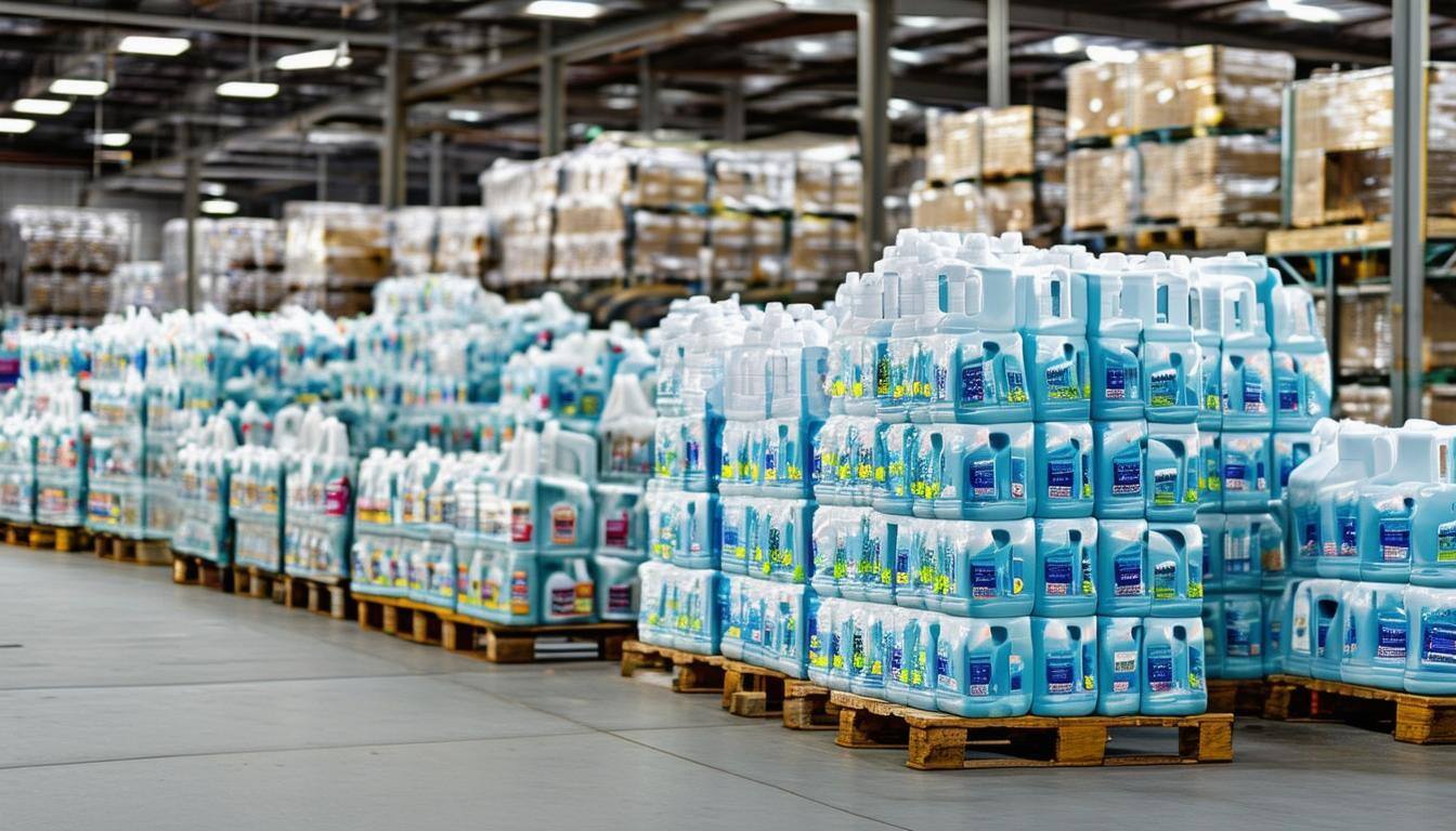 large pallets of detergents in a warehouse