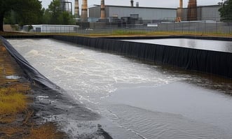 rain falling into a retention pond with rubber lined walls near an industrial facility-1-1